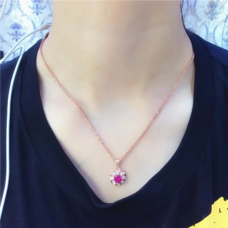 585 퍼플 골드 도금 14K 로즈 골드 상감 루비 꽃 펜던트 목걸이 여성을위한 럭셔리 글래머 약혼 웨딩 쥬얼리