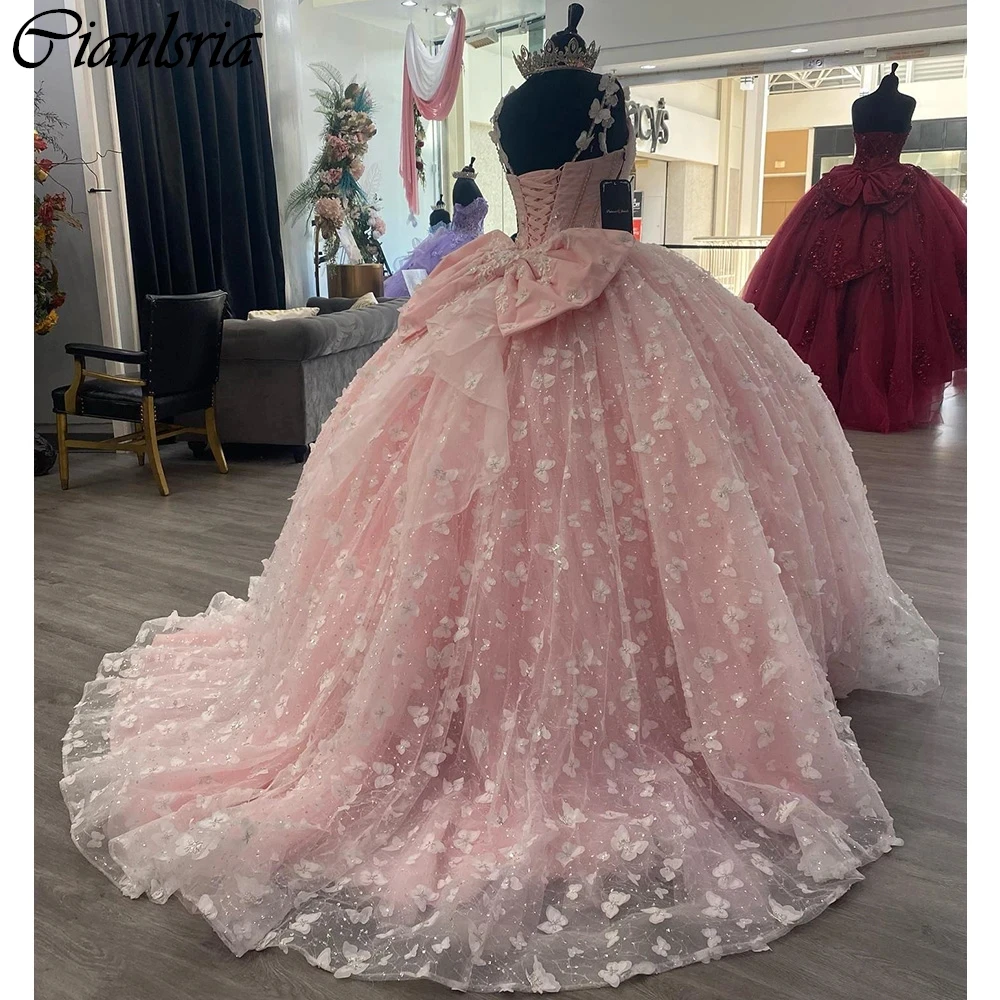 

Pink Spaghetti Strap Beading Crystal Pleat Quinceanera Dresses Ball Gown 3D Butterfly Lace Bow Corset Vestidos De 15 Años