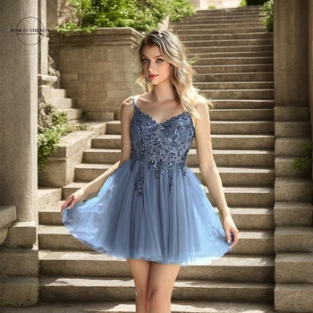 2025 Mini Prom Dress For Women Spaghetti Straps Applique Beaded Dusty Blue Short Gowns Tulle Elegant Evening Party Dresses