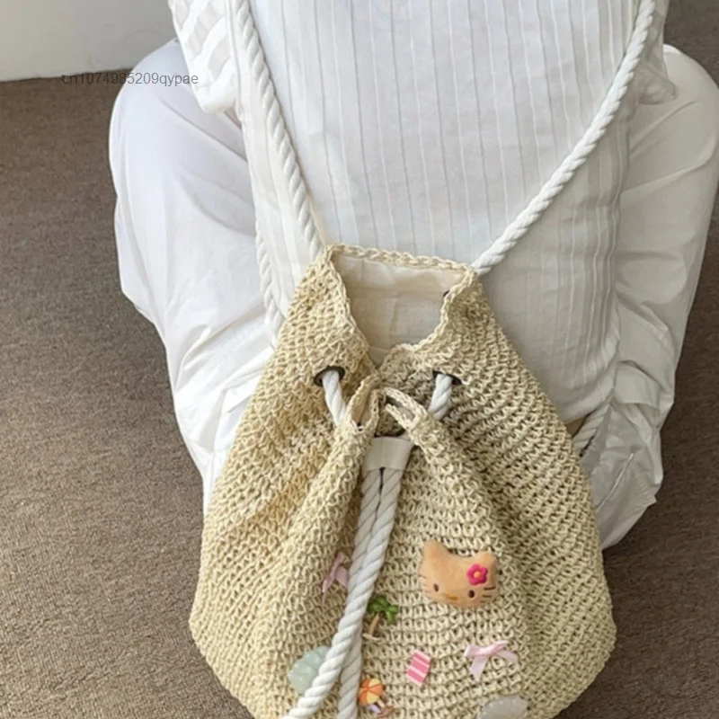 Sanrio Hello Kitty Star Women Braid Drawstring Bag Y2k Pure Handmade Bohemian Style Backpack Y2k Cute Sweet Girl Shoulder Bag