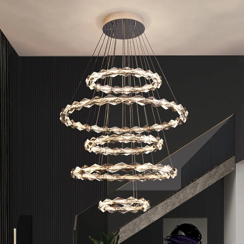 

Modern LED Luxury Rings Chandeliers K9 Crystal Hanging Pendant Light Living Room Hall Villa Decor Pendant Lamp Suspension Lustre