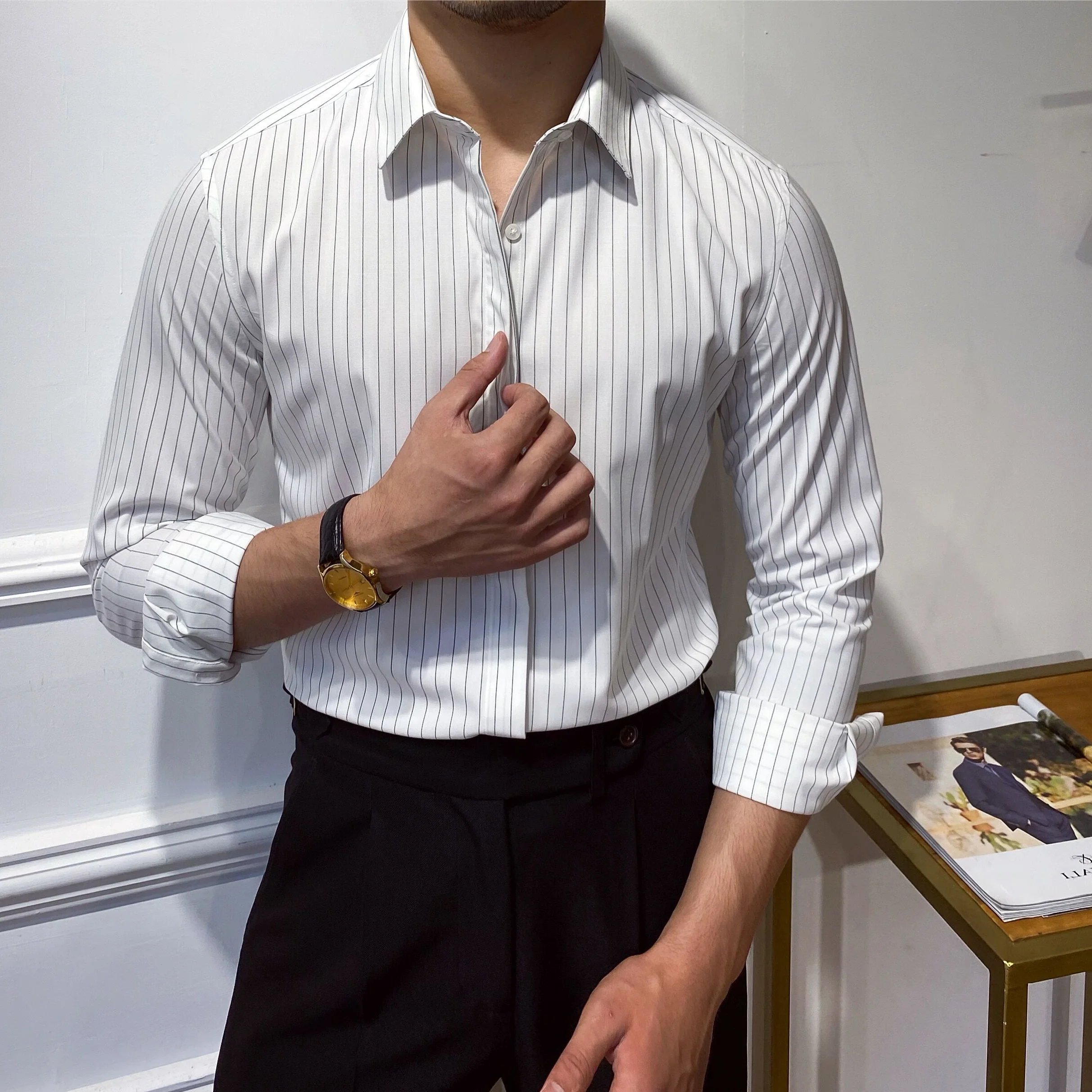 

2023 Men Spring Autumn New Striped Long Sleeve Shirts Male Slim Business Casual Shirts Men Social Dress Shirt Streetwear P320
