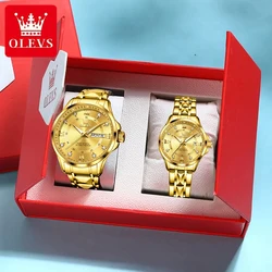 OLEVS 2906 Couple Watch Pair Luxury Diamond Shaped Steel Strap Calendar Week Quartz Wristwatch Men Women Luxury Lovers Watches