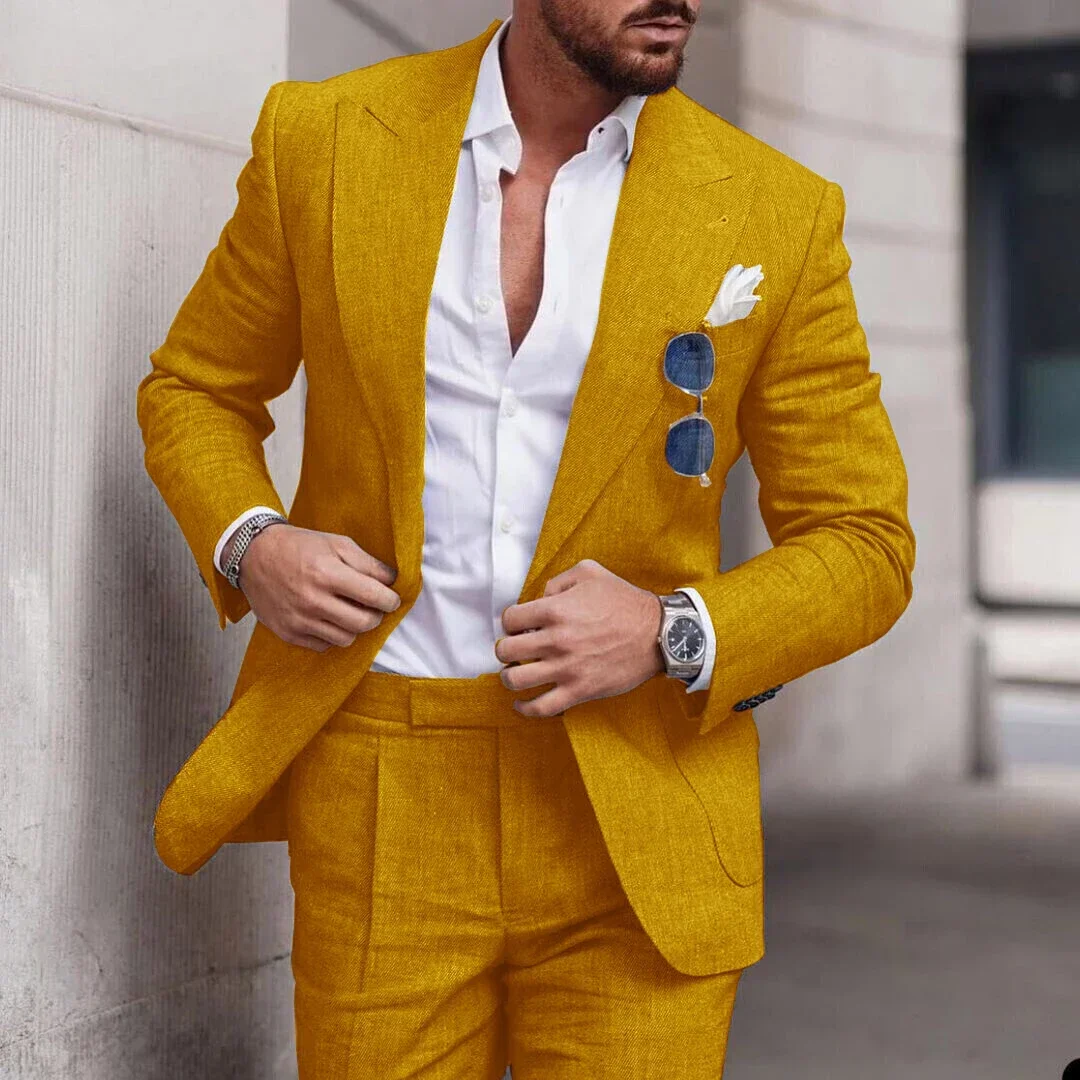 Purple Linen Summer Casual Men Suit Wedding Suits For Men High Quality Custom Prom Elegant Blazer Slim Fit 2 Piece Costume Homme