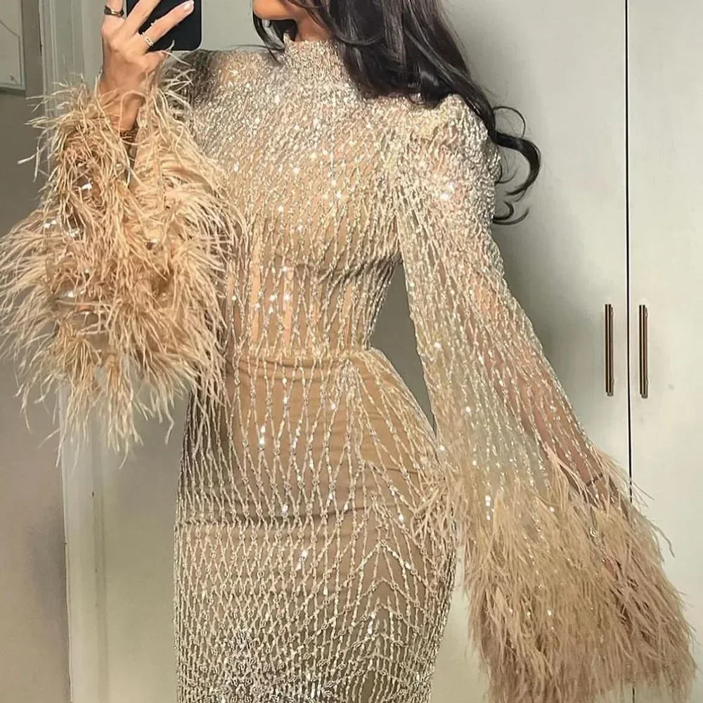 Customized Dubai Gowns Nude Beaded Feathers Mermaid Long Evening Dresses LA72394 women prom dresses