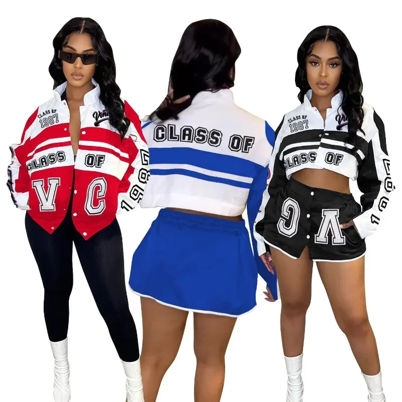 Letters Print Color Patchwork Detachable Jackets Women Stand Collar Long Sleeve Single Breasted Motorcycle Racing Loose Coats