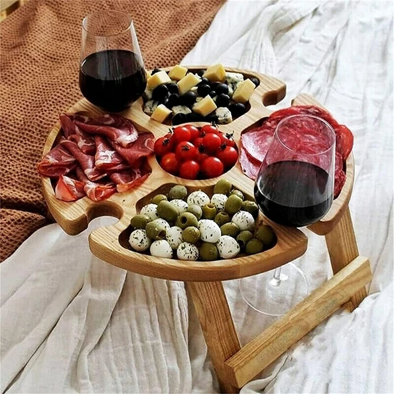

Wooden Outdoor Portable Folding Wine Picnic Table Camping Cheese Board Tray Foldable Snack Table Wine Rack Tourist Fruit Table