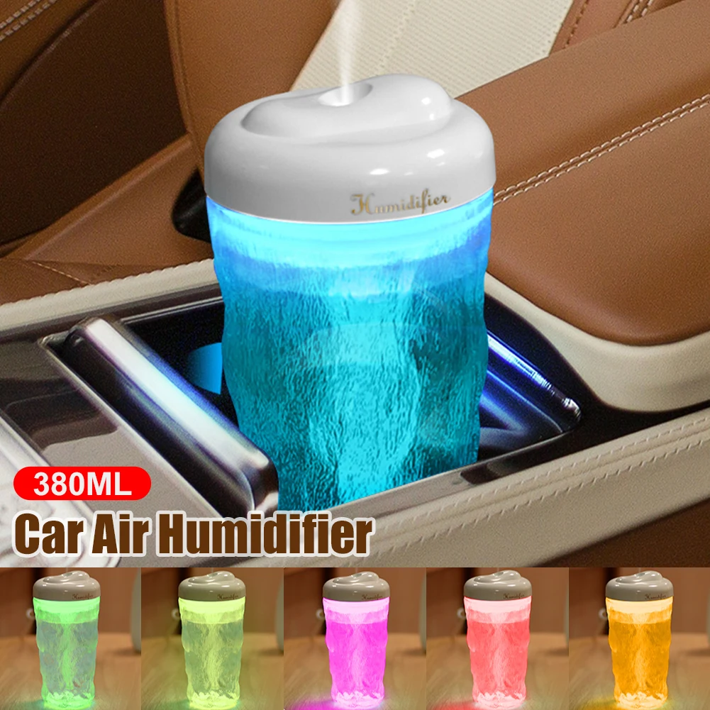 

380ML Car Humidifier Air Purifier Low Noise Air Humidifier with Atmosphere Light USB Power Aroma Diffuser for Car Bedroom Office