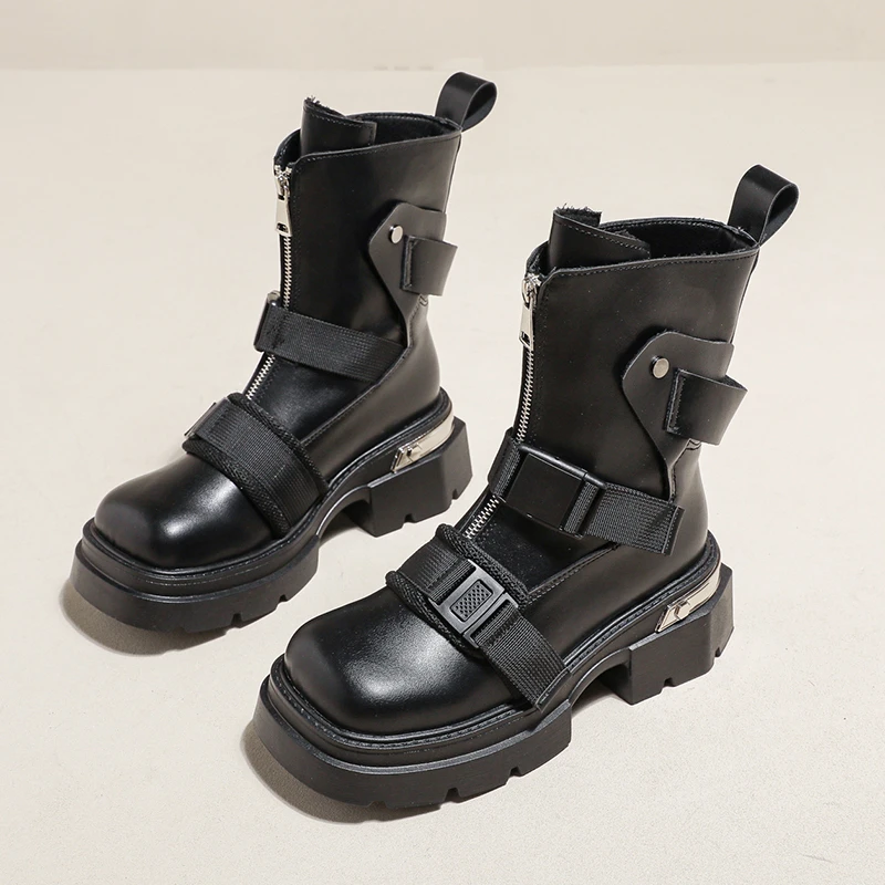 Chunky Platform Designer Ankle Boots – Trendy Belt Buckle Accent - true deals club