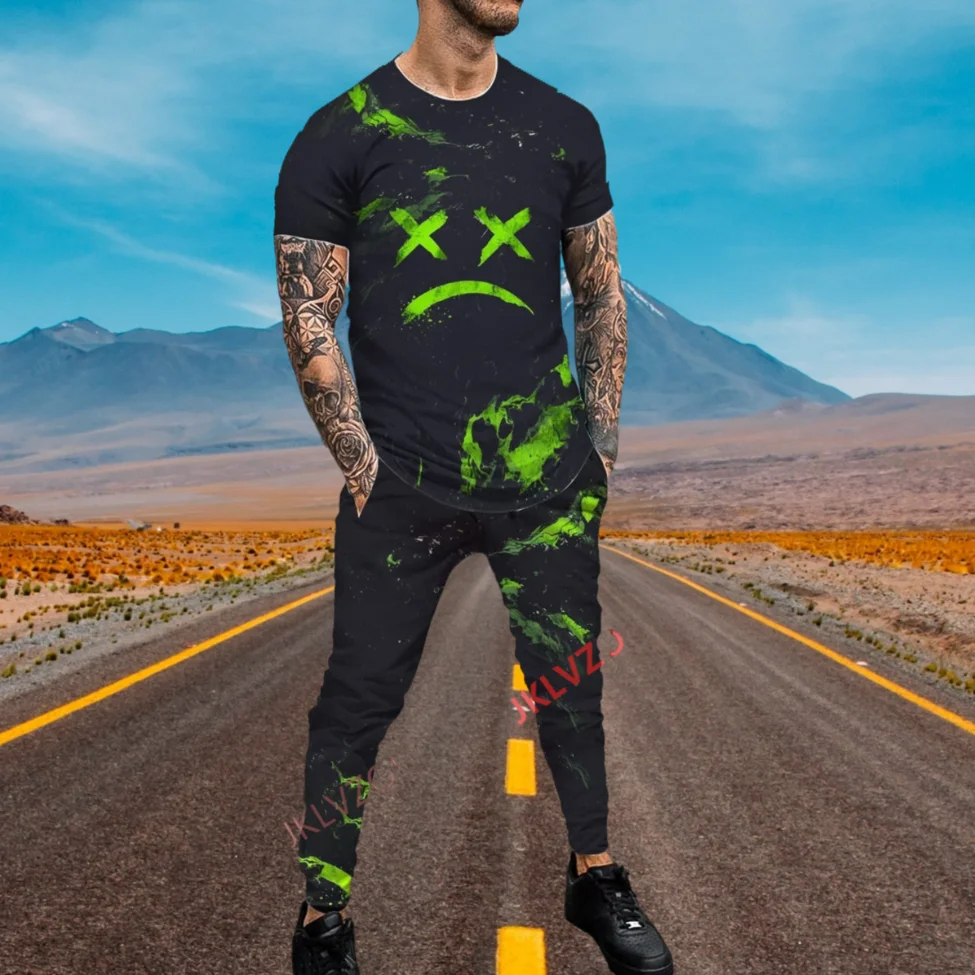 2023 Summer Men's Casual Sports Suit 2-piece Smile Printed T-shirt + Trousers Jogging Suit Fashion Street Short Sleeve Pants