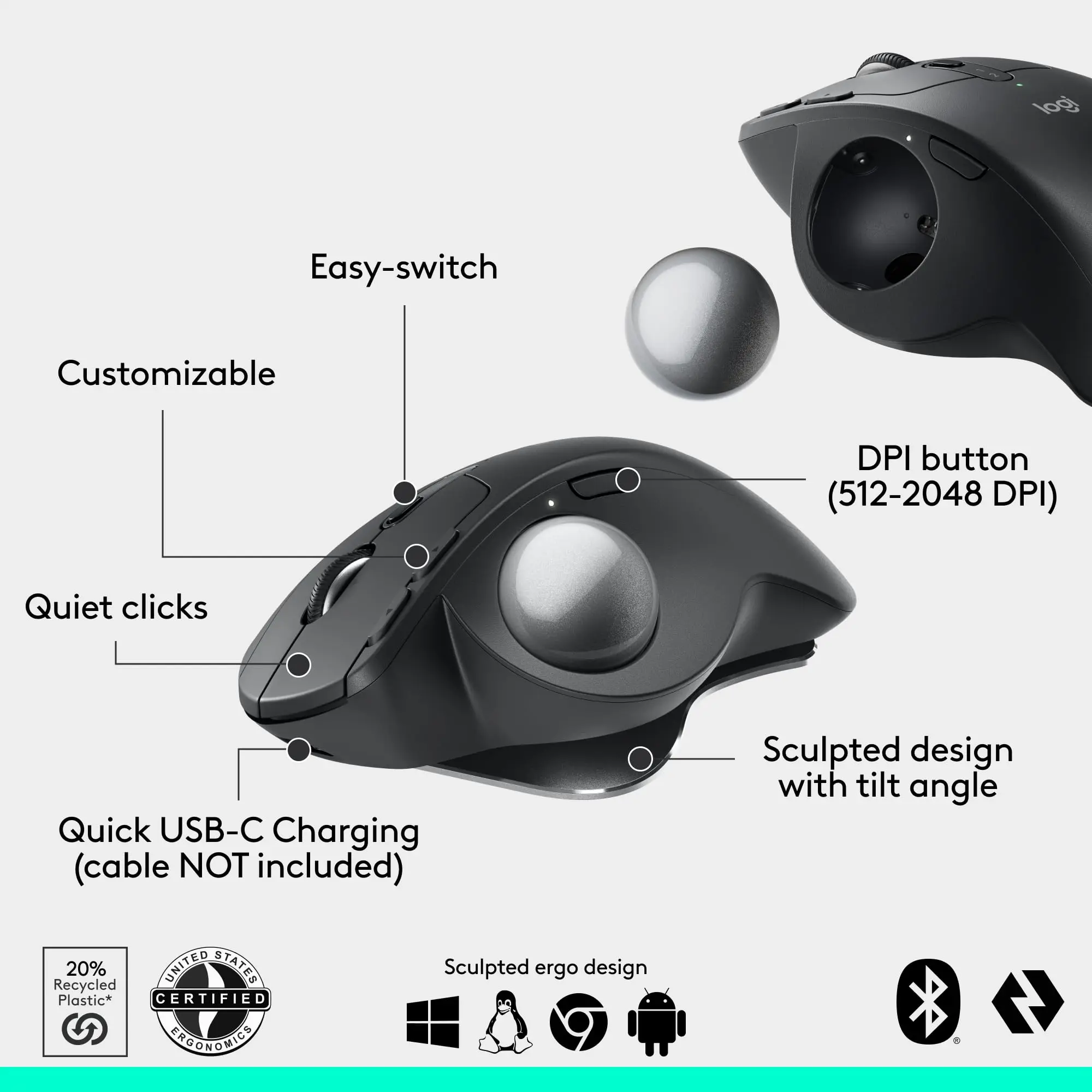 Logitech MX Ergo S ワイヤレス トラックボール マウス、Bluetooth