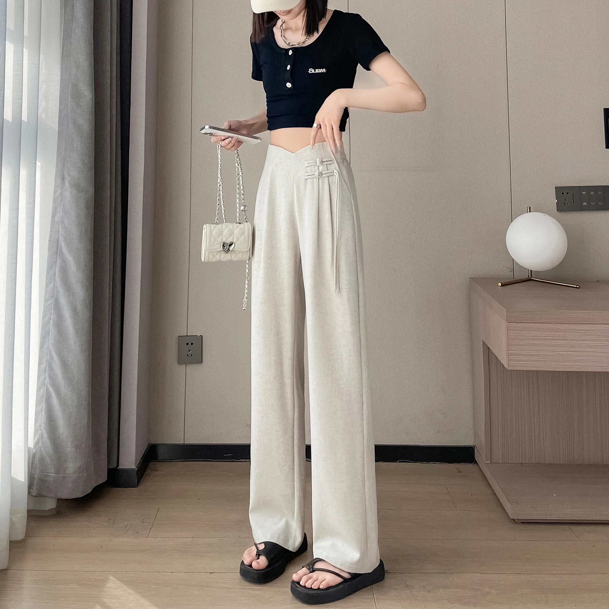 Linen Suit Wide Leg Pants Y2K Women's Summer Retro Chinese Style Design High Waist Drape Narrow Cut Straight Leg Casual Pants 2022 new women belt retro pearl metal buckle thin belt ladies dress elastic belt narrow stretch waist elastic girdle waistband