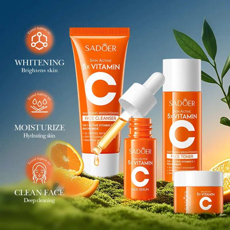 4pcs 5X Vitamin C Whitening Moisturizing Kit Travel Travel Skin Care Set Cleanser, Toner, Serum, Face Cream Christmas Gift