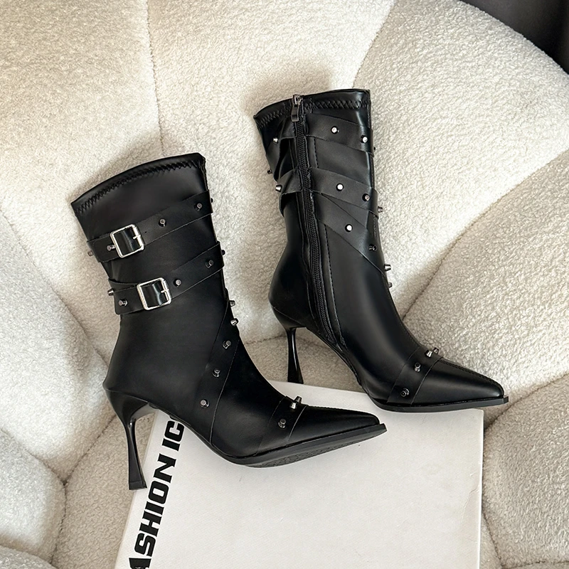Aphixta 2026 Zipper Fashion Mid-Calf Boots 9cm High Heels Women Shoes Rivet Dec Modern Boots Pointed Toe Sexy Booties Plus 44