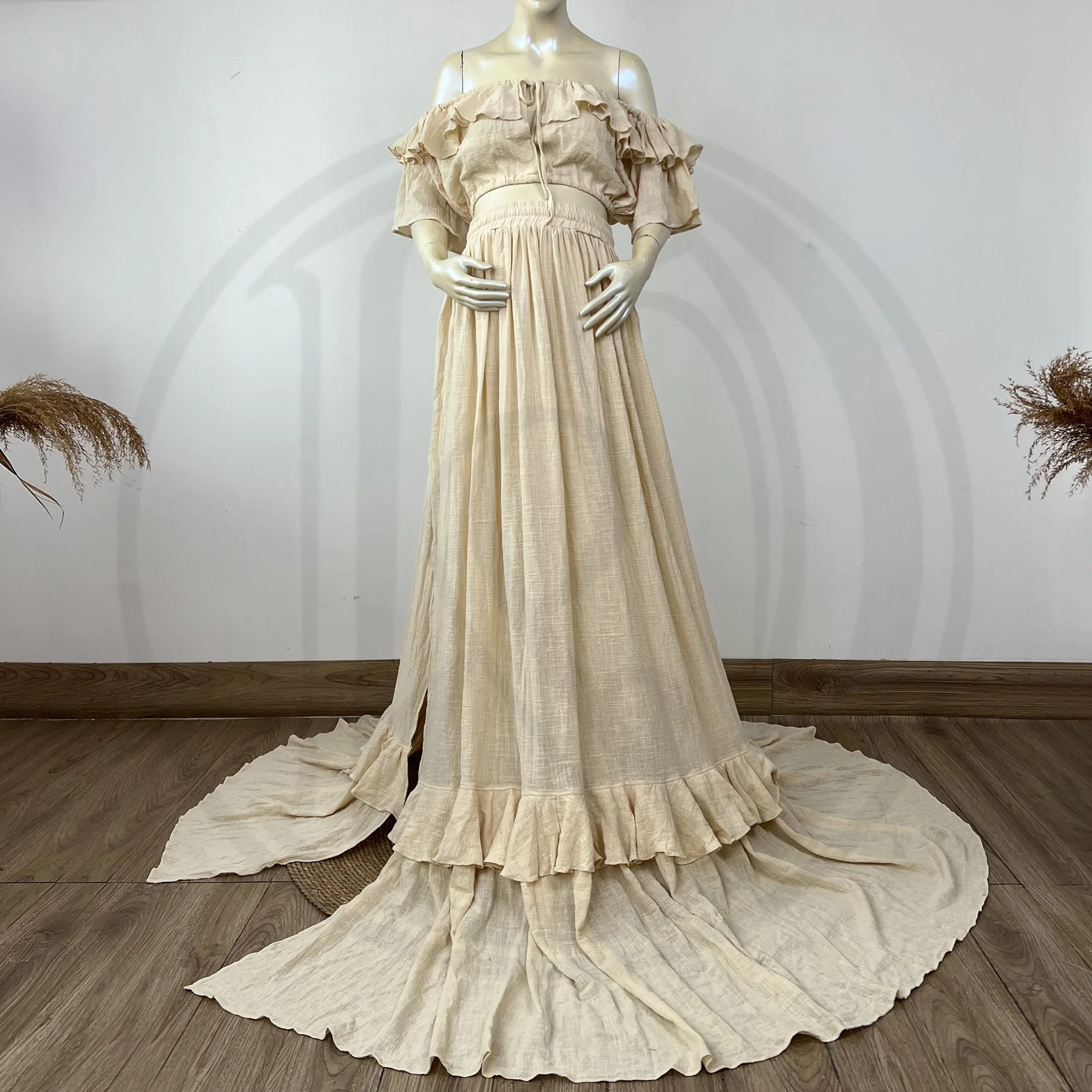 

A Set Retro Photo Shoot Cotton Kaftan Full Sleeves Robe Maternity Dress Evening Party Costume for Women Photography Accessories
