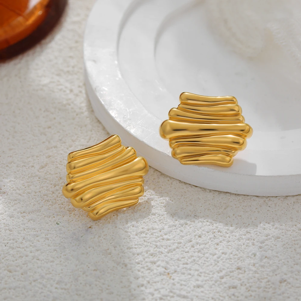 18K Gold Plated Vintage Triple Ridge Medium Geometric Stud Earrings Smooth Waterproof Stainless Steel Statement Earring Jewelry