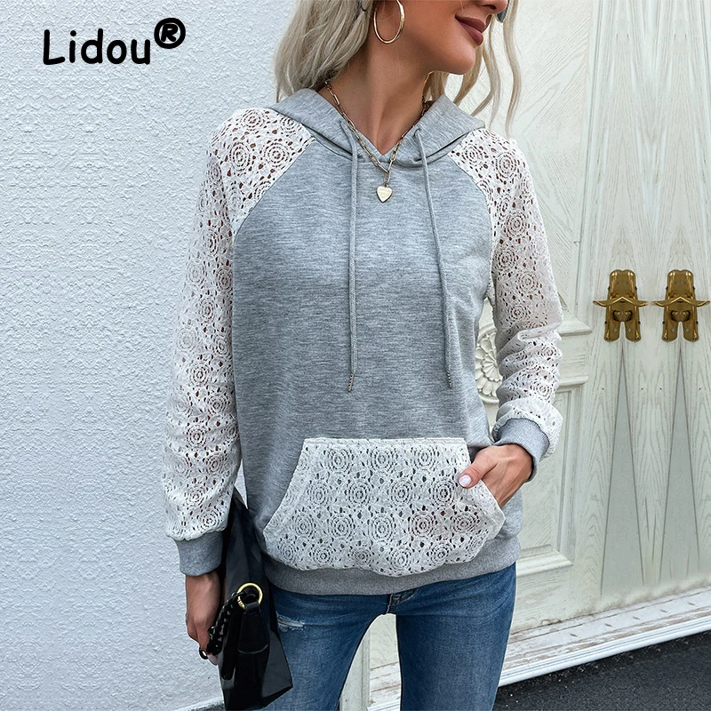 Women Sexy Hollow Out Lace Patchwork Hooded Sweatshirts Autumn Korean Fashion Long Sleeve Gray Hoodie Casual Loose Pullover Tops