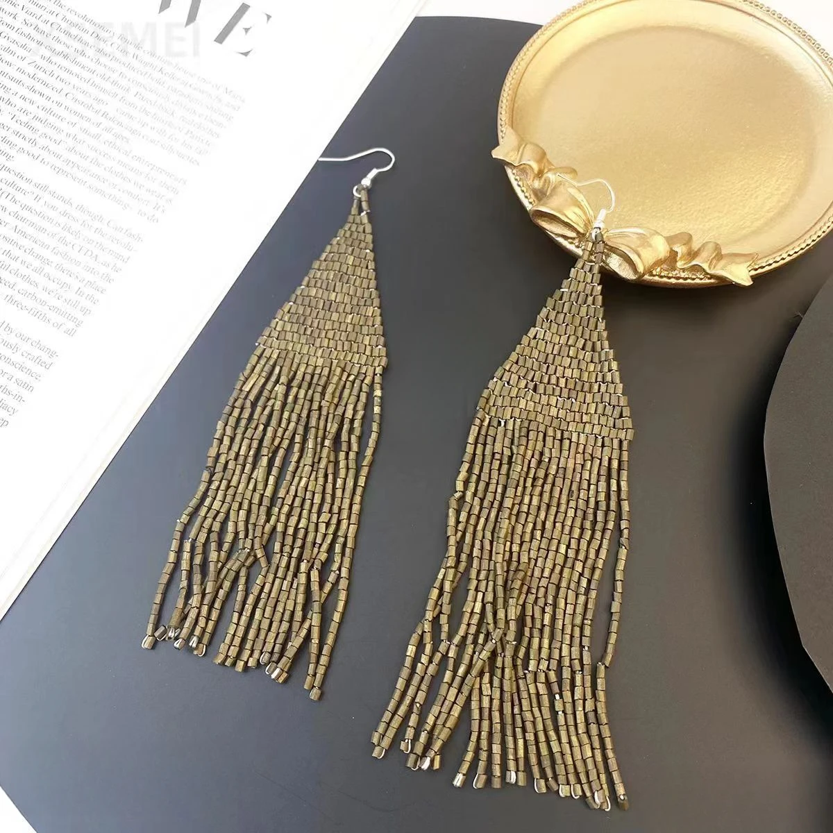 S821a791838f449a5ad9193fc5f5dc4c06 Fashionable Retro Style Hand Woven Ethnic Style Solid Color Long Style Exaggerated Tassel Earrings Suitable High-End Women Mallzona