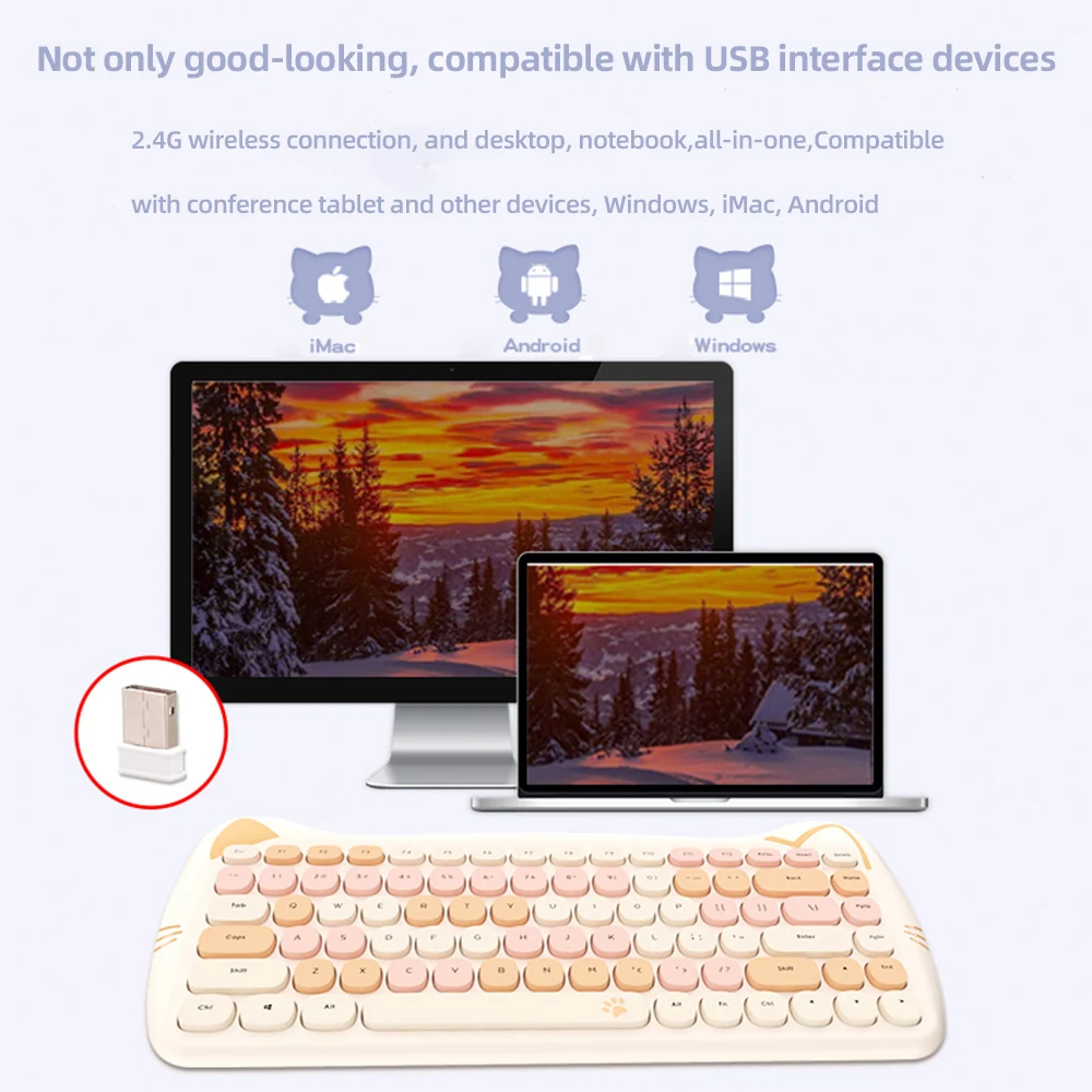 MOFII Kawaii Cat 2.4G Wireless Keyboard and Mouse Set Cute Lipstick
