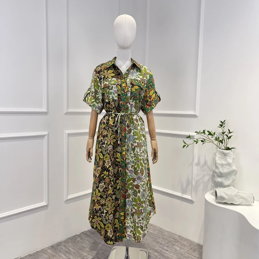 

2023 New High Quality Linen Vintage Floral Printing Buttons Short Sleeve A-line Multi-color Woman Casual Midi Dress