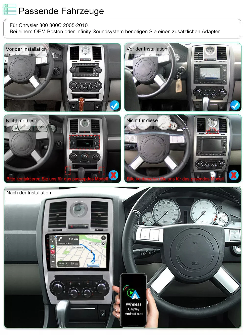 ESSGOO 9-Zoll Android 15 Autoradio für Chrysler 300 300C 05-10 mit Wireless CarPlay, Android Auto, NAVI, GPS, WIFI, ASP und Mirror Link – Detail 3