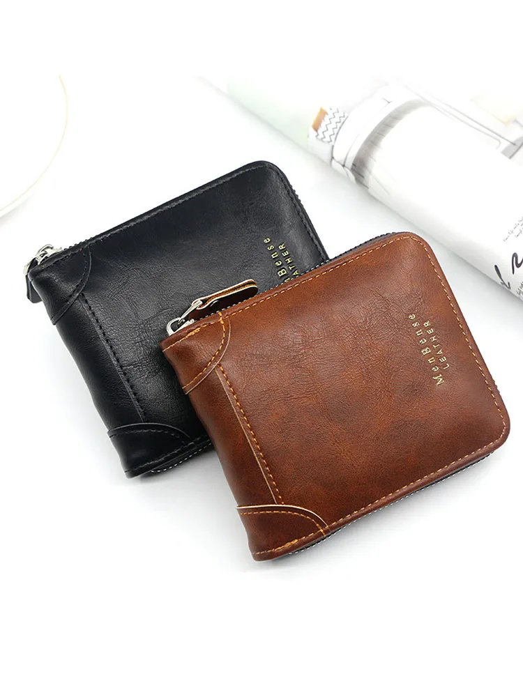 Men's wallet retro leather short zipper multifunctional wallet with large capacity high quality anti-theft brush wallet