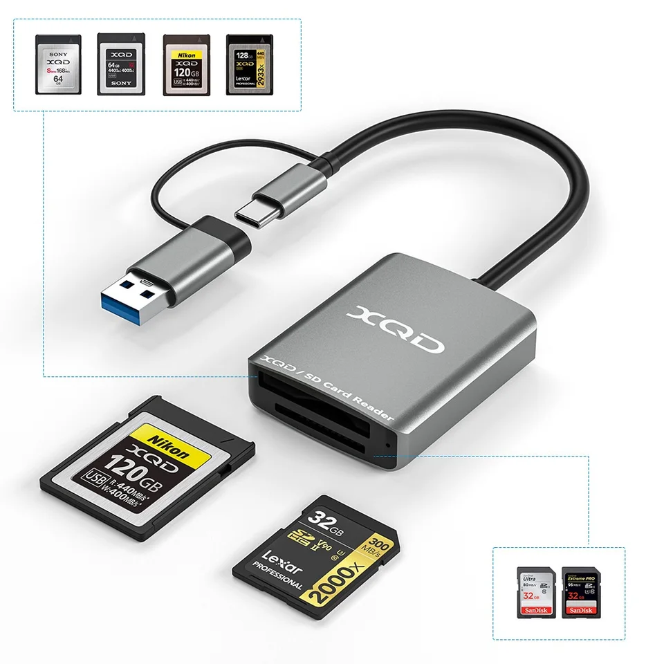 XQD Lecteur De Carte SD USB 3.0 Double Slot Lecteur De Carte Mémoire Compatible Avec XQD/SD/Sony M Series/Lexar USB Mark Card/SD/SDHC/SDXC/MMC/RS MMC Support Windows/Mac Linux Etc