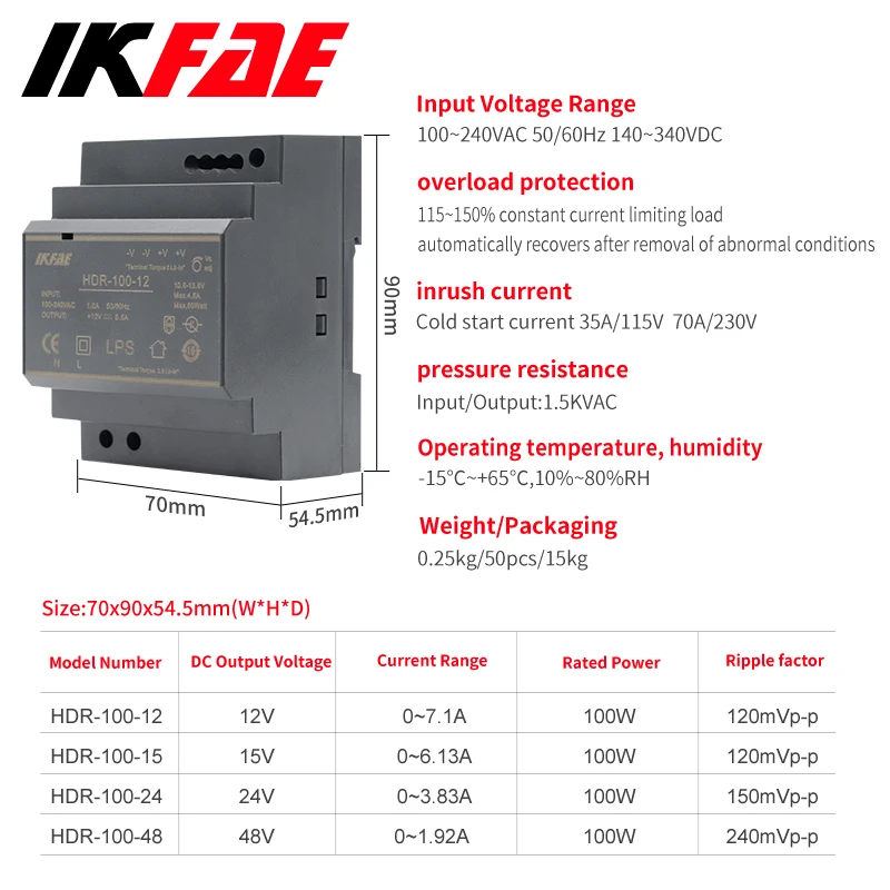 HDR-100 초슬림 DIN 레일 전원 공급 장치, 스위칭 모드 전원 공급 장치, 100W 입력 100-240V 출력 5V 12V 24V 48V