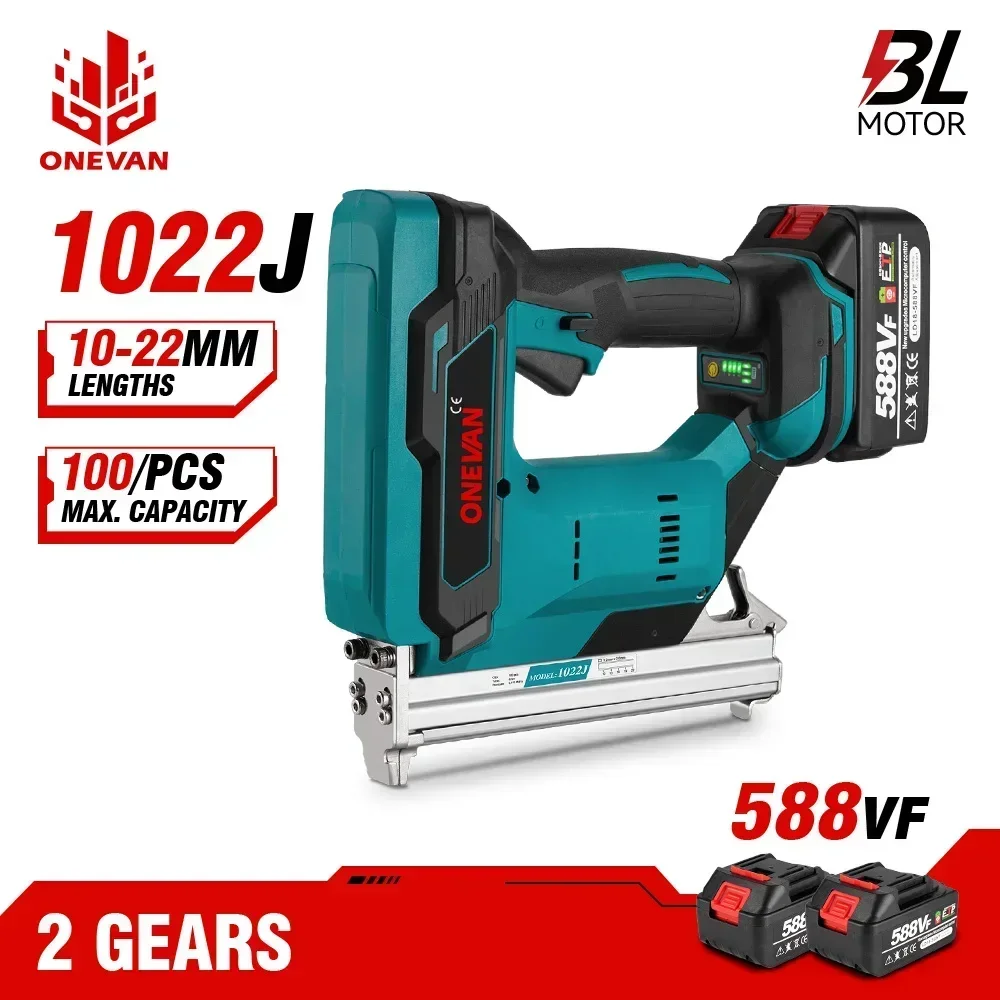 

ONEVAN Brushless Electric Nail Gun 2Gears Cordless 1022J Stapler Nailer Lithium Battery Power Tool For Makita 18V Battery