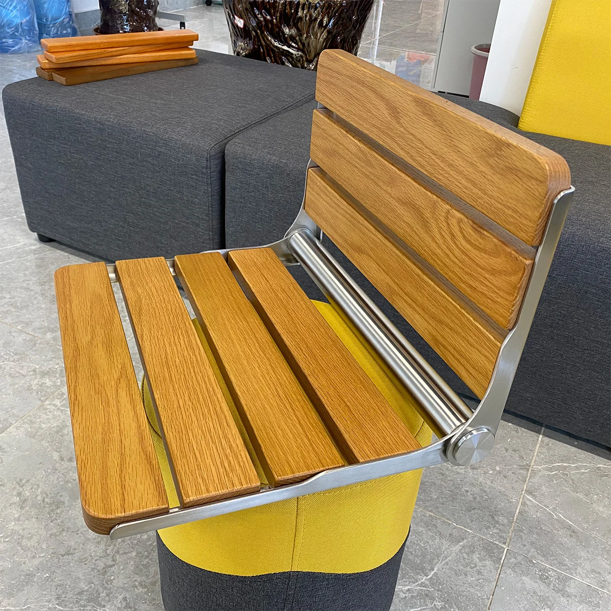 Folding Wall Mounted Teak Wood Fold Down Shower Seat Wood Stool Bench For Inside Shower, Bathroom Fold Up Show 6