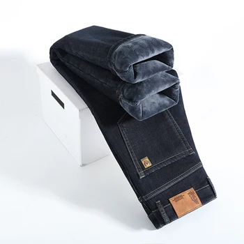 Winter Warm Fleece Jeans Men's Thick Thermal Casual Straight Denim Pants Male Business Work Stretch Trousers New Clothing 1
