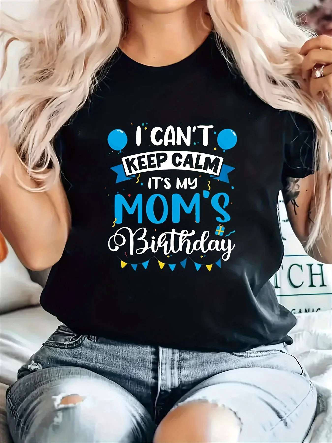 

MOM'S BIRTHDAY Print Crew Neck T-shirt, Short Sleeve Casual Top For Summer & Spring, Women's Clothing camisetas