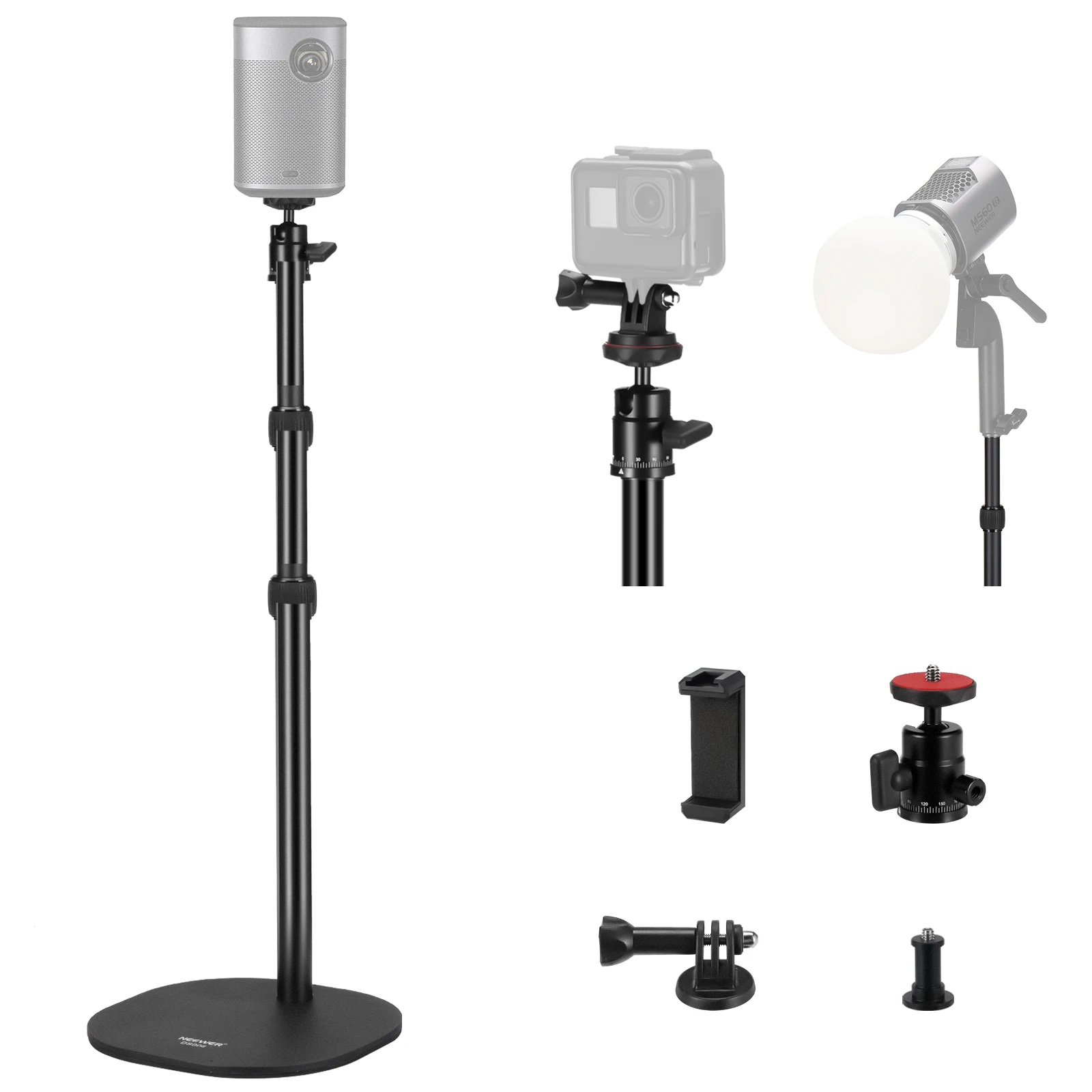 

NEEWER Tabletop Projector Stand with Heavy Base, 16"-35"/40-90cm Desk Tripod with Phone Holder & Action Camera Mount,