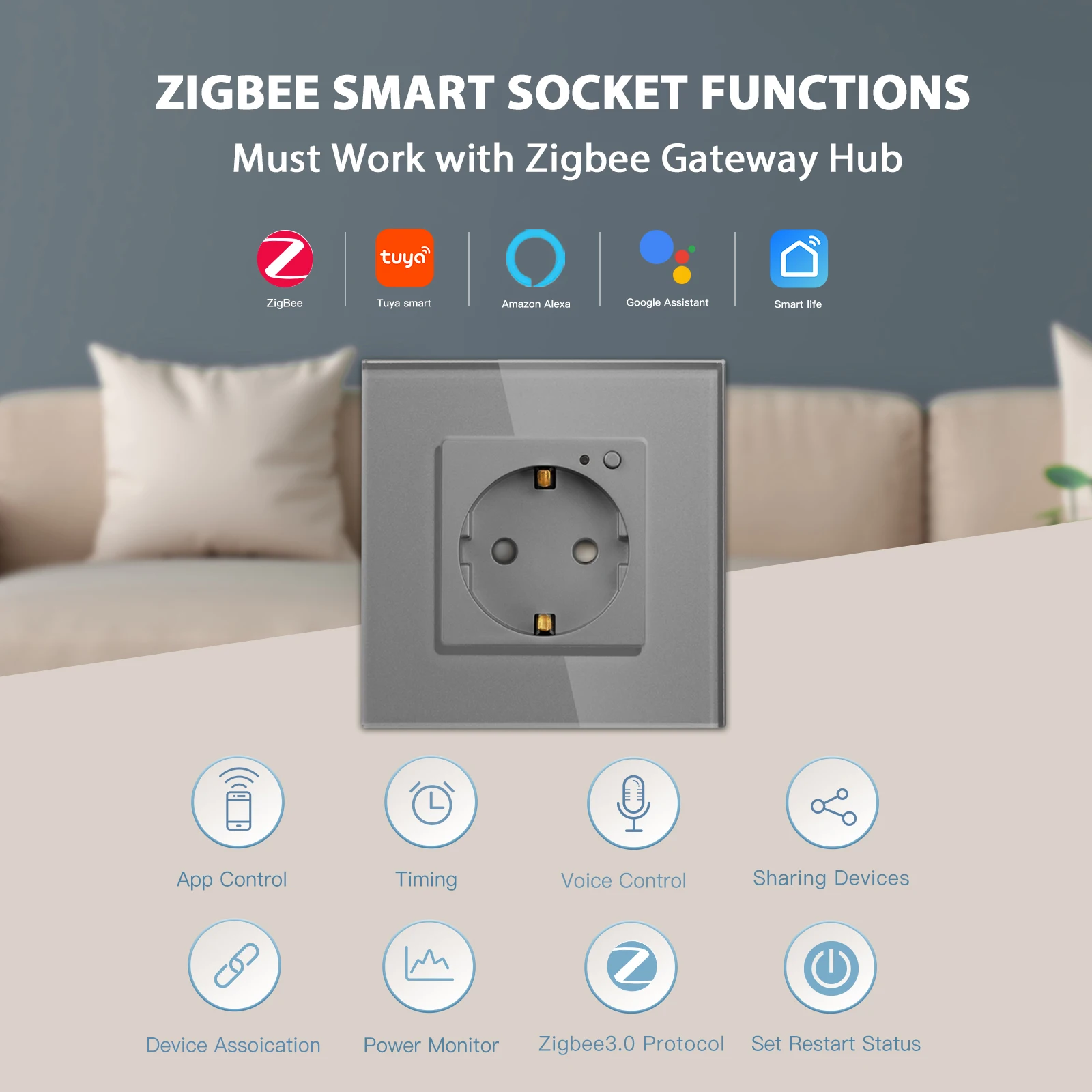 BSEED Zigbee 벽 소켓 EU 소켓 스마트 전원 모니터 전기 소켓 유리 프레임 Tuya 스마트 라이프 Alexa Alice Control 16A