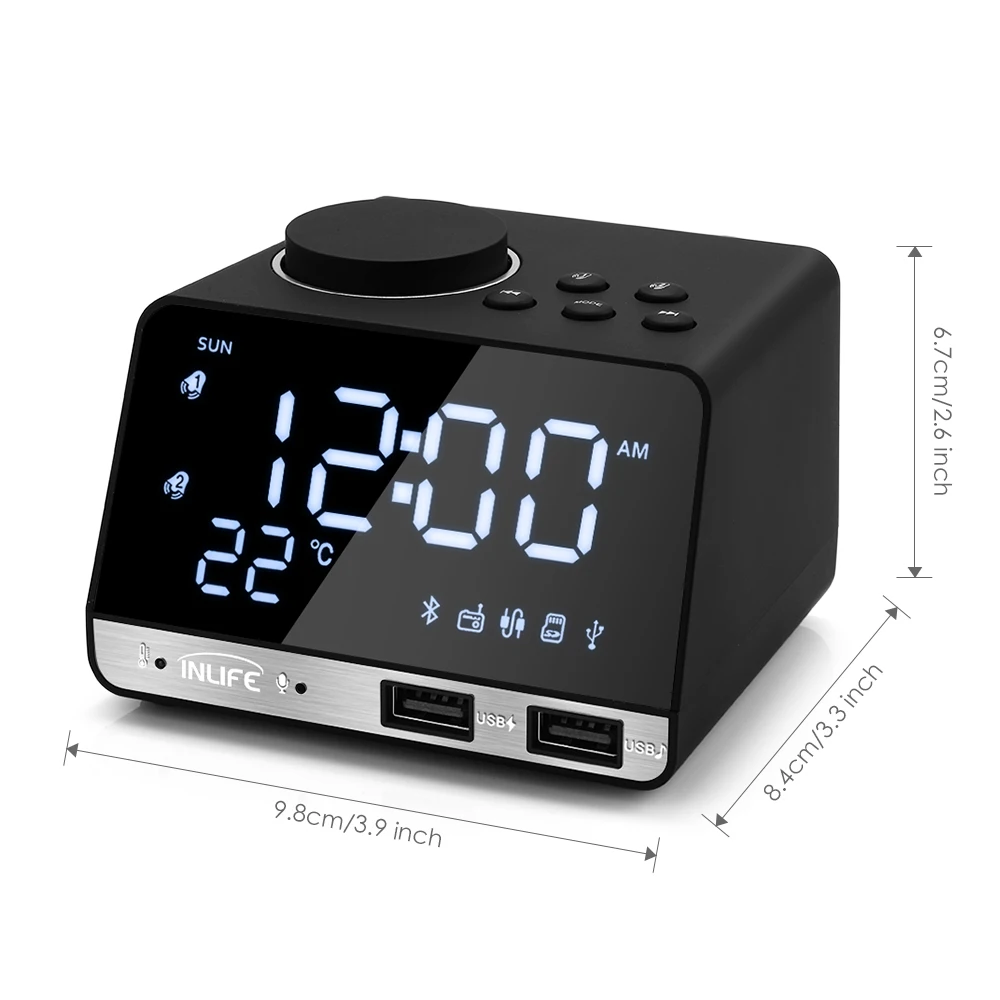 K11 Bluetooth-compatible 4.2 Radio Alarm Clock Speaker 2 USB Ports LED Digital Table Clock Home Decoration