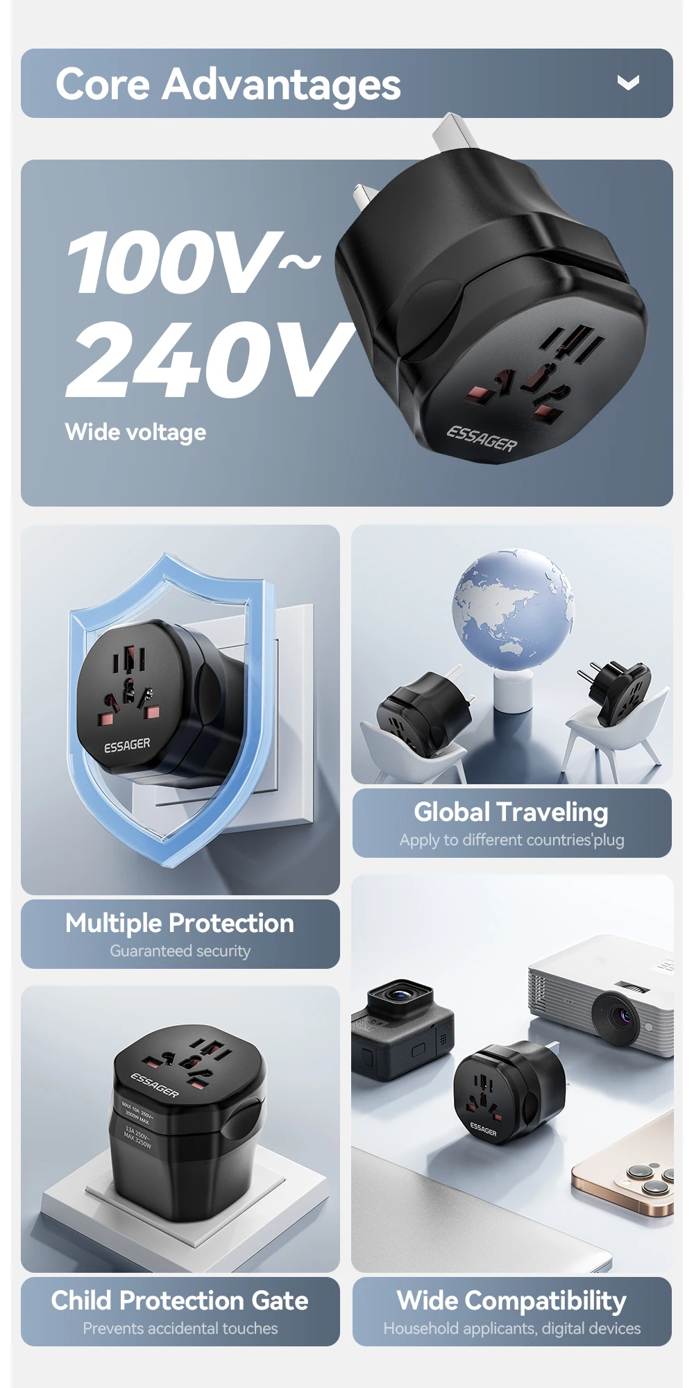 Travel Power Adapter UK US Male To EU UK US AU Female Plug Global Universal Conv