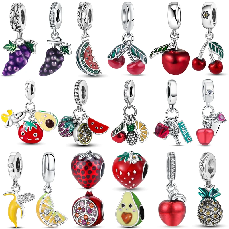 

925 Silver Fruit Style Charms Apple Grape Pineapple Cherry Watermelon Strawberry DIY Beads Fit Original Pandora Bracelet Jewelry