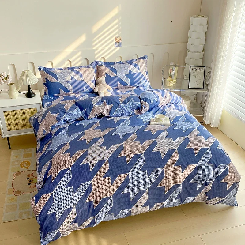 

Blue Plaid Duvet Cover Set Abstract Geometric Pattern Bedding Set Polyester Reversible Print Comforter Cover 3Pcs Twin King Size