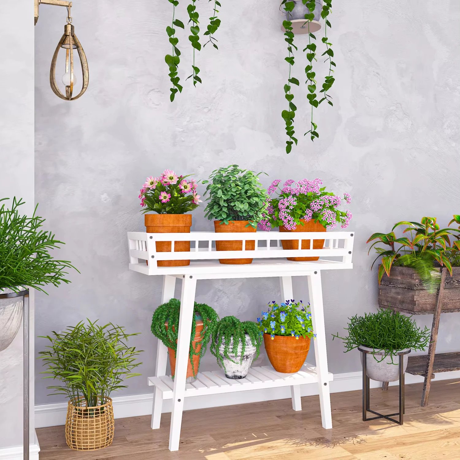 White Plant Shelf Indoor, 2 Tier Tall Plant Stand Table Multiple Plants, Window Table Plants
