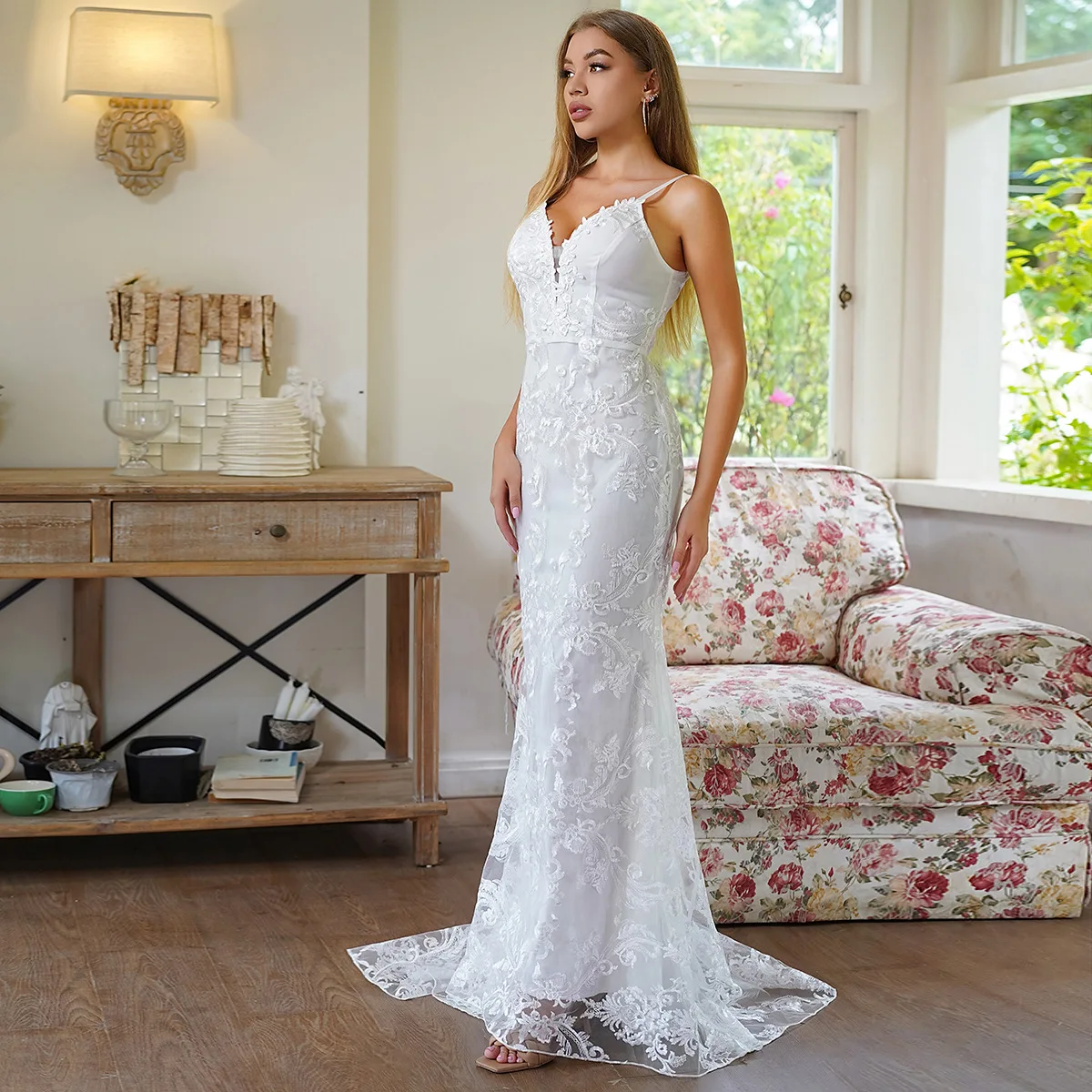 

Zoctuo Women White Long Evening Dress Slim Bodycon Sexy Embroidery Strap Formal Birthday Robe Gown Elegant Wedding Guest Dresses