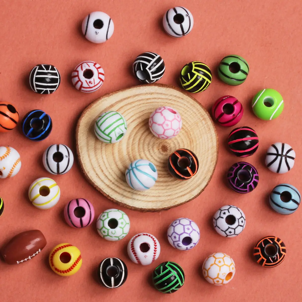

5pcs 11mm 15.5mm Round Acrylic Football Charms Loose Beads Volleyball Bracelets Jewelry DIY Making Supplies Basketball
