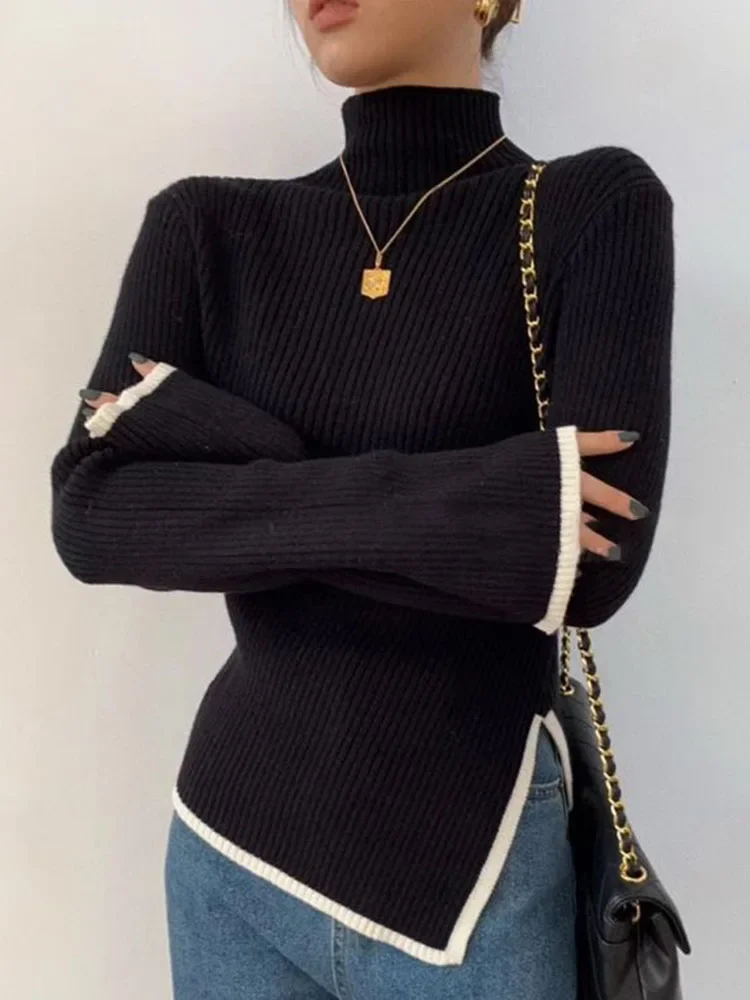 

Zik Turtleneck Side Slit Pullover Contrasting Colors Autumn Winter Women Style Top Self-cultivation Sweater Pagoda Sleeve Slim