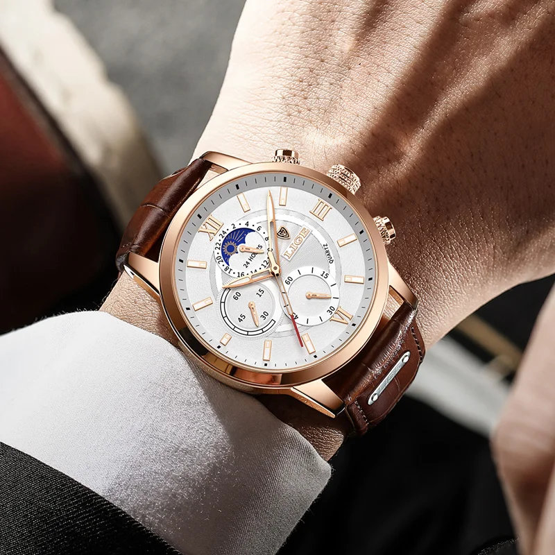 Men's Luxury Quartz Watch - Elegant Leather Strap, Sporty & Waterproof Design, Gift-Ready in Box