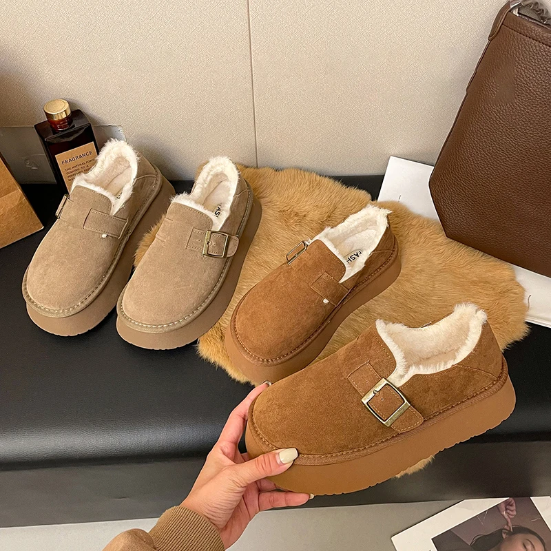 

Лоферы женские с закрытым носком, меховые повседневные кроссовки, платформа, круглый носок, без застежки, криперы, в стиле ретро, Мокасины, обувь на зиму