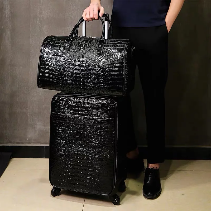 100% Real Leather travel luggage with handbag men head cowhide universal wheel crocodile pattern suitcase 20 inch boarding case - Image 3