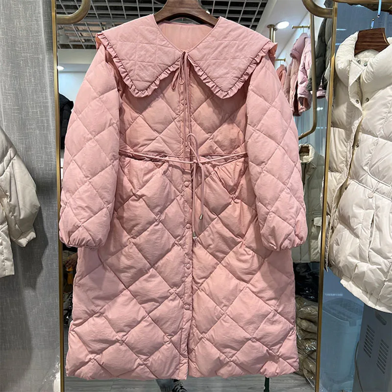 

Корейская модная зимняя парка с капюшоном, куртка с кукольным воротником и перьями, Женское пальто 90% на белом утином пуху, женское теплое длинное пальто, верхняя одежда