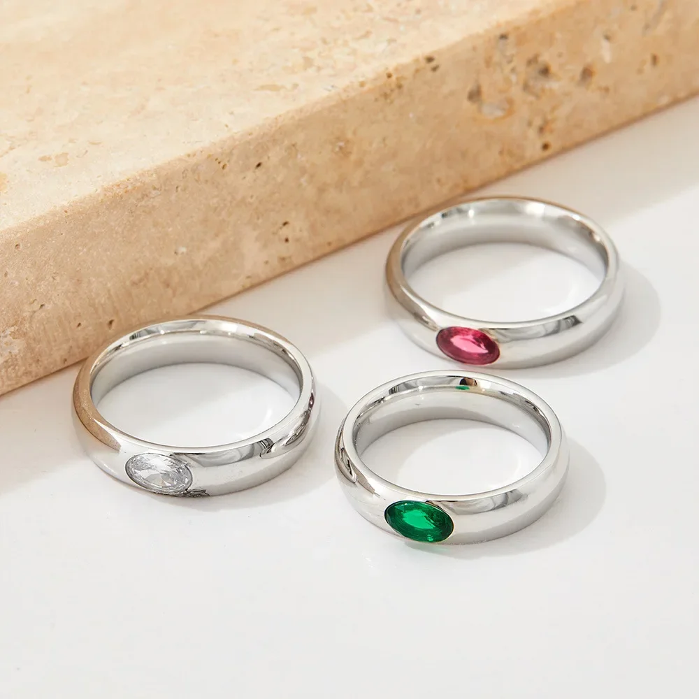 Retro Polished Stainless Steel Multicolour Crystal Oval Zircon Wedding Rings for Women 18K Gold Plated Thick Simple Knuckle Ring