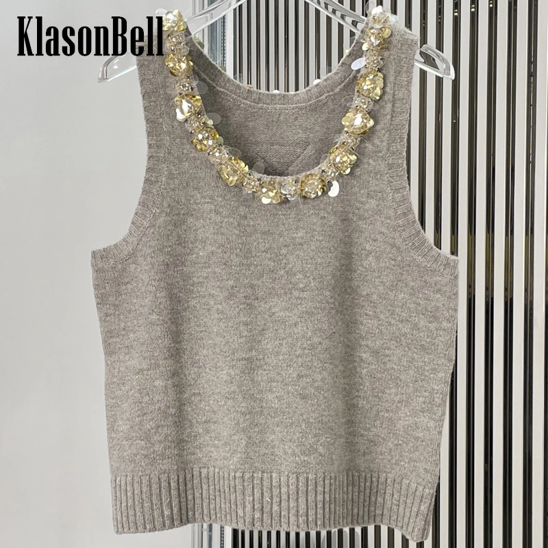 

5.2 KlasonBell New Arrival Handmade Beading Sequins Diamonds U-Neck Camisole Fit Women Triangle Wool Cashmere Knit Tank Top