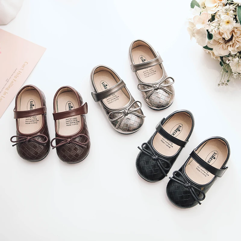 Spring Autumn New Children Girls Leather Shoes Cute Shallow Toddler Flats Shoes Checkered Bow Knot Girls School Shoes