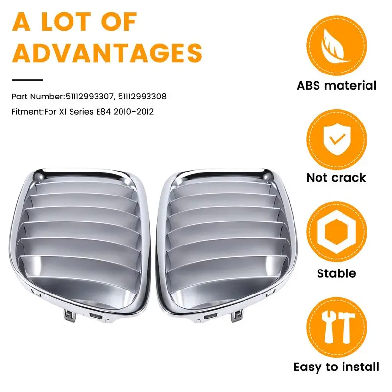 BMW X1 시리즈 E84 2010-2012용 전문가용 프론트 범퍼 상단 센터 그릴 크롬 1쌍 (51112993307, 51112993308)
